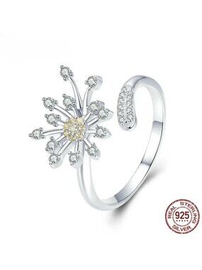 New Dainty Flower Ring CZ Platinum Over S925 Silver Dandelion Adjustable Open